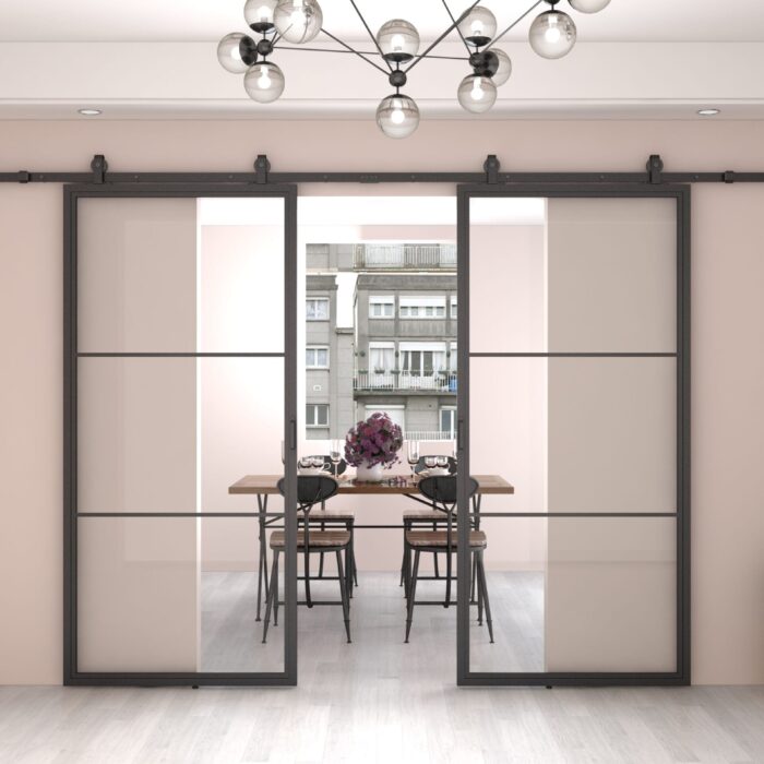 Dubbele stalen schuifdeur 3-vaks helder glas