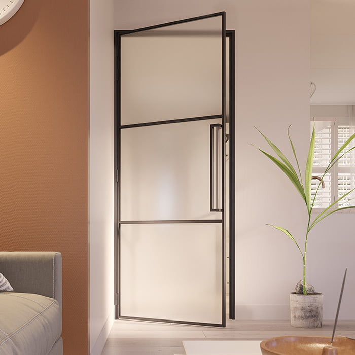 Stalen scharnierdeur Slimline 3 vaks mat glas magneetsluiting maatwerk