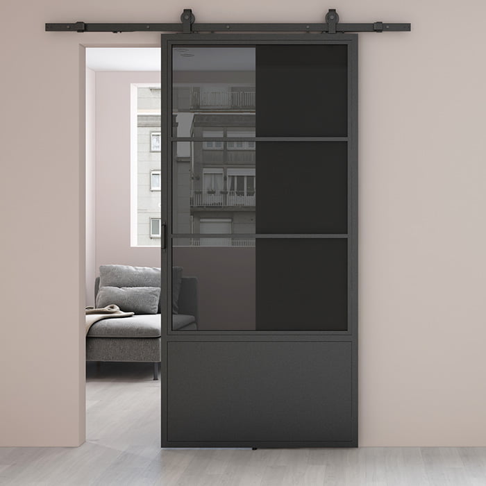 Maatwerk stalen schuifdeur Smartline 3-vaks rookglas