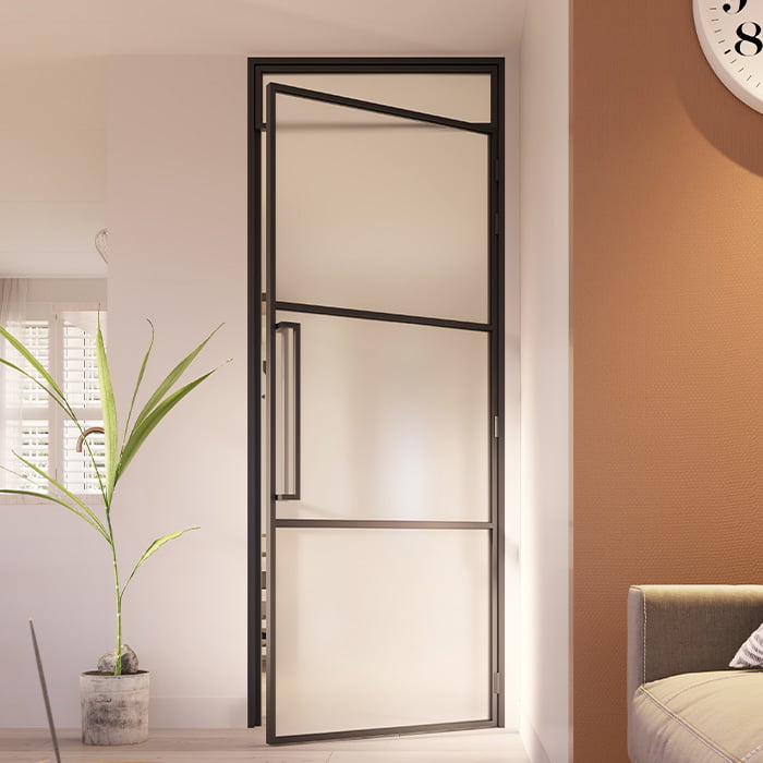 Stalen scharnierdeur Slimline met bovenlicht maatwerk mat glas