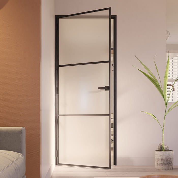 Stalen scharnierdeur Slimline 3-vaks klinksluiting mat glas maatwerk