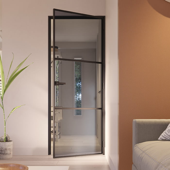 Stalen scharnierdeur Slimline 3-vaks klinksluiting rechtsdraaiend rookglas maatwerk