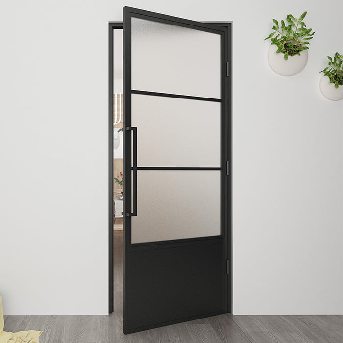 Maatwerk stalen scharnierdeur 3 vakken kickplate rechtsdraaiend mat glas