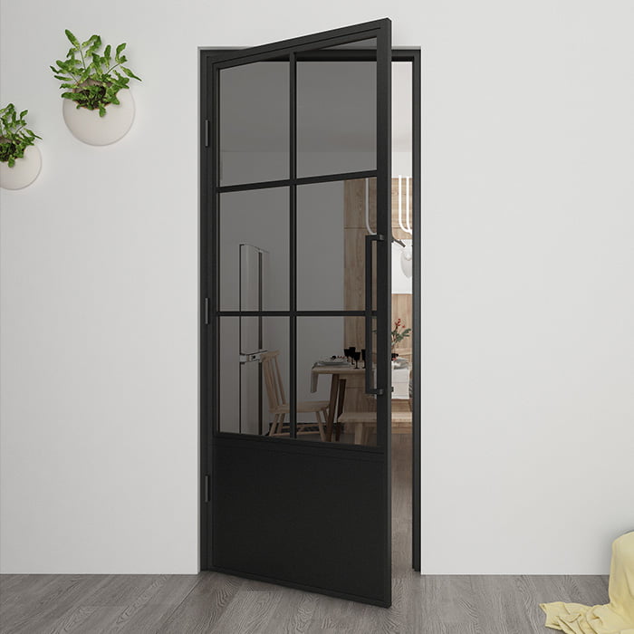 Maatwerk stalen scharnierdeur 6 vakken kickplate linksdraaiend rookglas