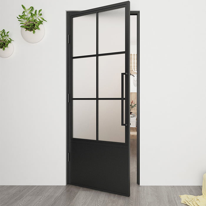 Maatwerk stalen scharnierdeur 6 vakken kickplate linksdraaiend mat glas