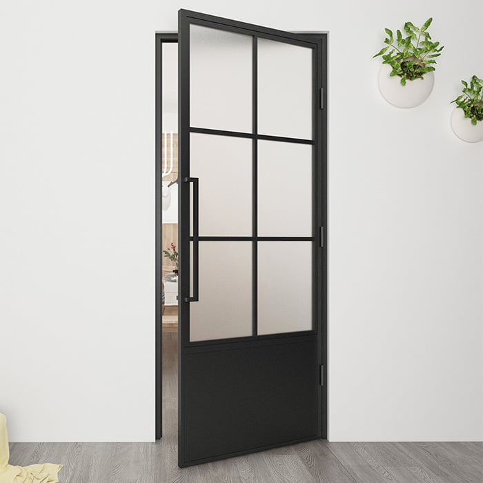 Maatwerk stalen scharnierdeur 6 vakken kickplate rechtsdraaiend mat glas