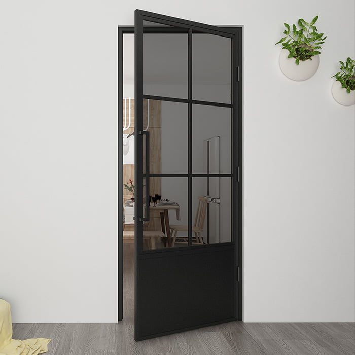 Maatwerk stalen scharnierdeur 6 vakken kickplate rechtsdraaiend rookglas