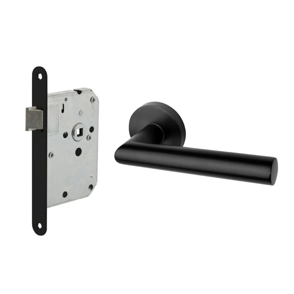 Deurbeslag set loopslot en deurklink Modern geveerd zwart