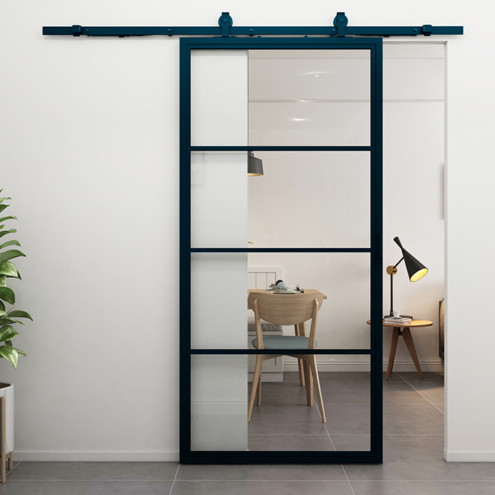 Maatwerk stalen schuifdeur Colorline 4 vakken grijs blauw