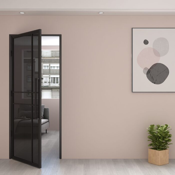 Maatwerk stalen scharnierdeur 6 vakken asymmetrisch linksdraaiend rookglas