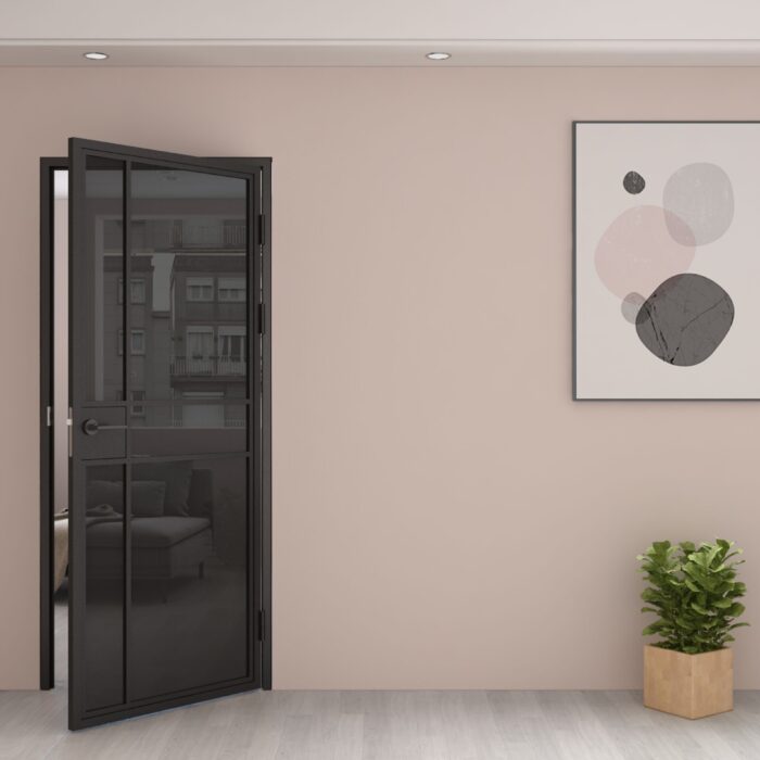 Maatwerk stalen scharnierdeur met klink 6 vakken asymmetrisch rechtsdraaiend rookglas