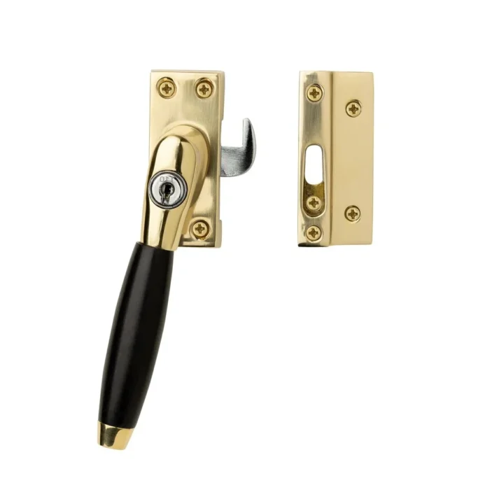 Klassieke raamsluiting met slot, links, messing gelakt