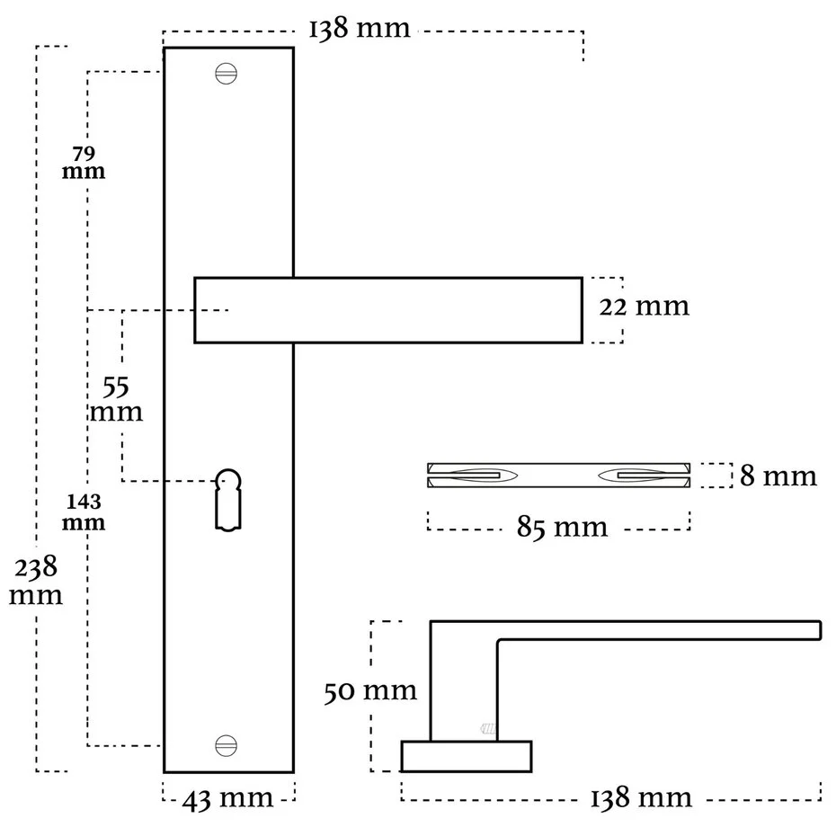 Witte deurklink Lusso geveerd op schild sleutelgat 55mm - Afbeelding 3