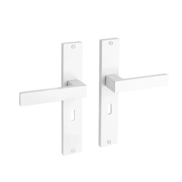 Witte deurklink Lusso geveerd op schild sleutelgat 55mm